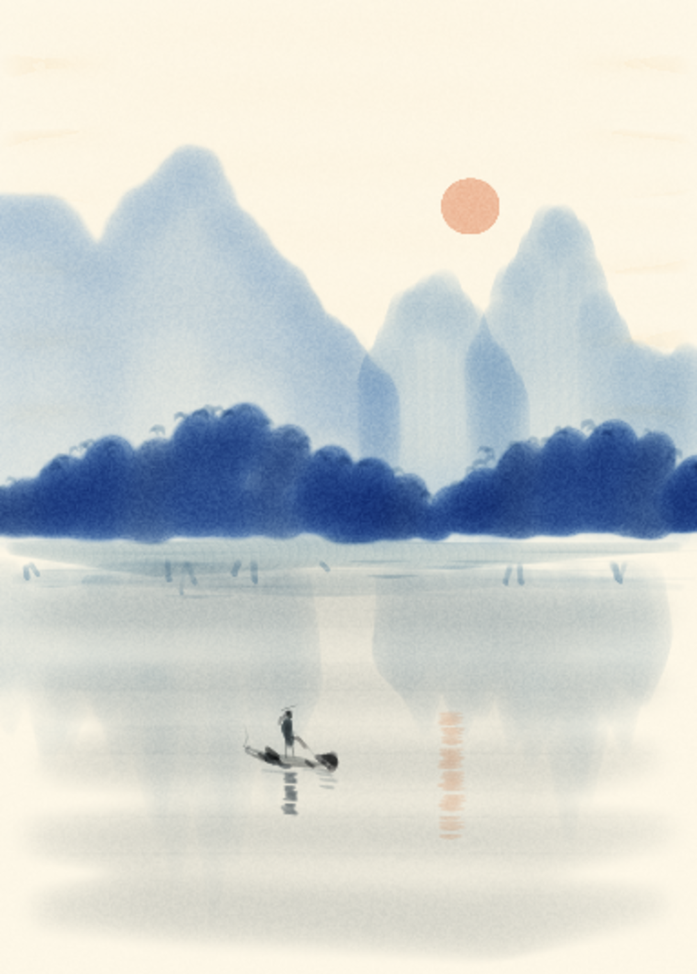 青い山と深い藍の樹林、穏やかな湖に小舟と橙の光を描いた水彩模写